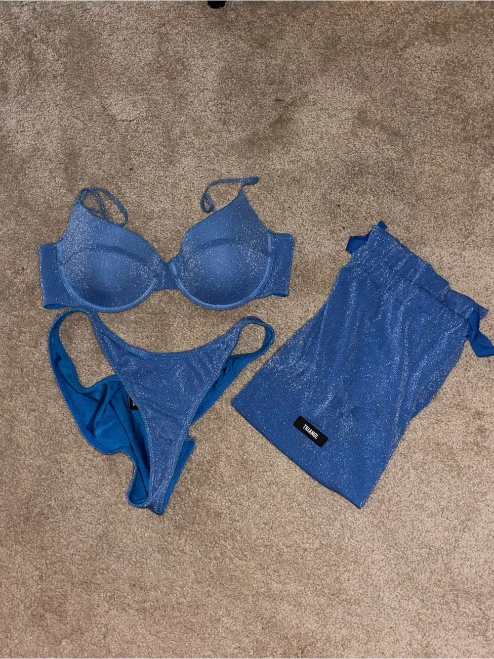Triangle Blue Shimmer Bikini Set with Matching Pouch Size M
